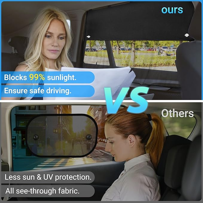 Car Window Shades, 2 Pcs Half Blackout & Half See-Through Magnetic Sun Shade for Rear Window Covers with Fixed Suction Cups,Car Curtains for Baby Sun/Heat/UV Protection
