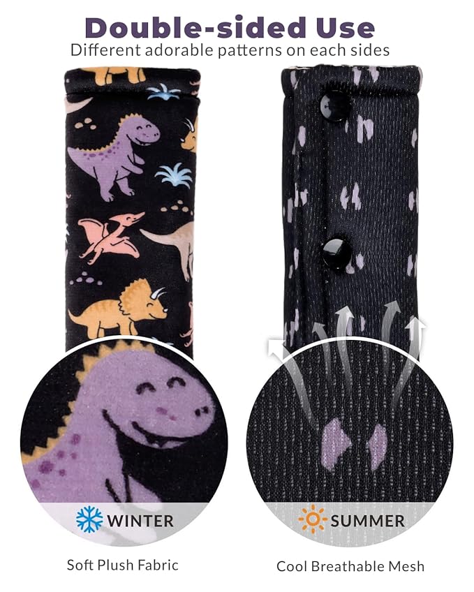 2 Pack Car Seat Belt Covers for Baby Kids, Soft Reversible Car Seat Shoulder Strap Pads, Seatbelt Cushion, Neck Strap Covers for Stroller, Carrier, Pushchair (Dinosaur)