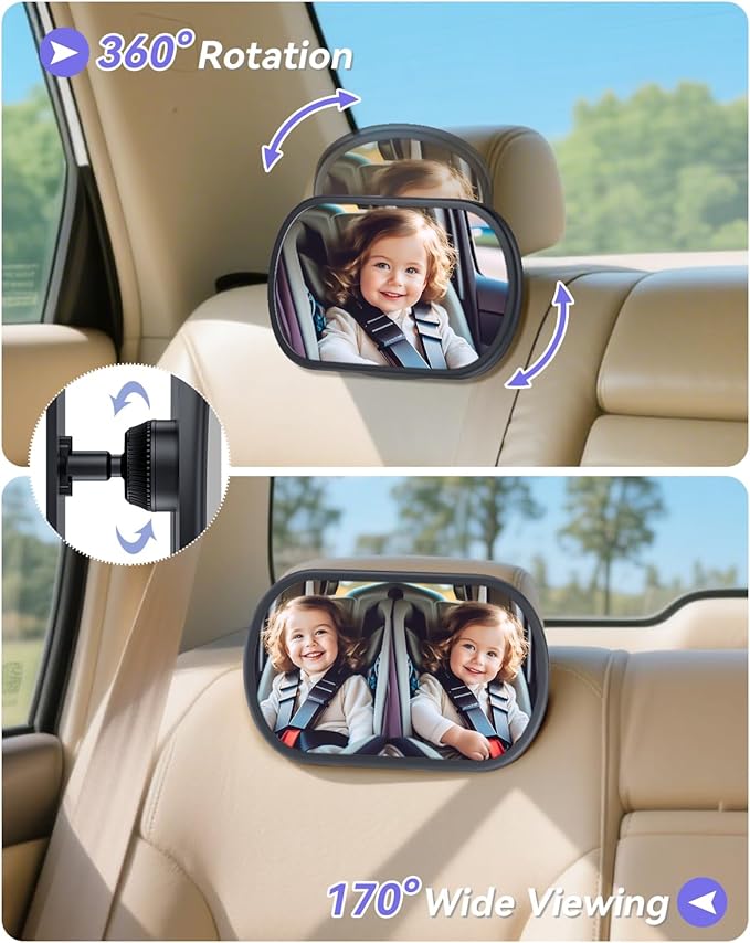 Baby Car Mirror for Backseat - Rear Facing Car Seat Mirror Safety for Infant Newborn - Easily Observe the Baby Move,Clear Wide View,360°Rotation, Secure, Shatterproof - Grey