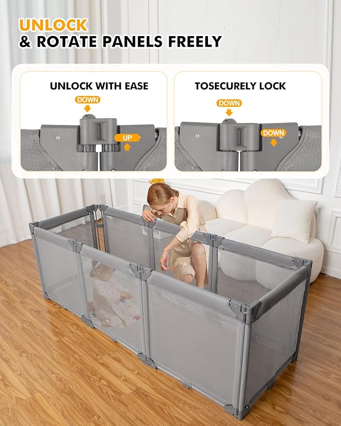 Dearlomum Extra Wide Baby Gate Playpen with Heat-Resistant Mesh,6 Panel Foldable Baby Fence,Indoor/Outdoor Safety Barrier,Dog Playpen & Fireplace Gate,Grey