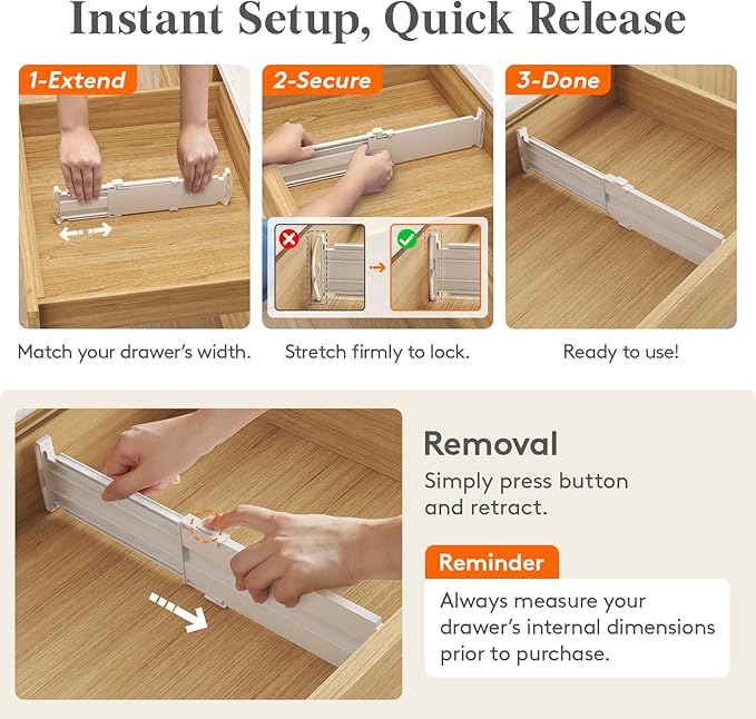 Lifewit 3.2" High 4 Pack Drawer Dividers, 10.2-16.5" Adjustable Dresser Drawer Divider, Expandable Drawer Organizers for Clothes, White Drawers Separators for Kitchen, Dresser, Bedroom, Bathroom