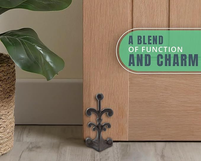 Comfify Fleur De Lis Cast Iron Door Stop – One Decorative Wedge with Felt Bottom – Antique Rust Brown – 4" x 3.5" x 7.75"