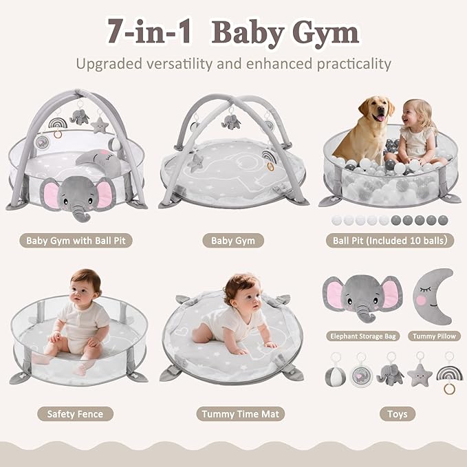7-in-1 XL Large Baby Play Gym Mat, Tummy Time Mat, Baby Gym & Ball Pit, Baby Activity Mat with Milestone Cards & 6 Detachable Toys for Sensory Motor Skill, Elephant
