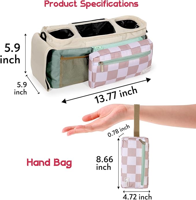Universal Stroller Organizer with Insulated Cup Holders and Detachable Phone Bag,Stroller Caddy Fits for Stroller Accessories like Uppababy, Baby Jogger, Doona, Nuna Stroller (Green Square grid)