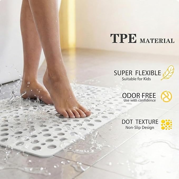 Nonslip Bath Tub Shower Mat with Suction Cups, Extra Soft TPE Bath Mat for Kids, Bathtub Bathroom Mats, Machine Washable, Smooth/Non-Textured Tubs Only, 35L x 16W Inch(White)