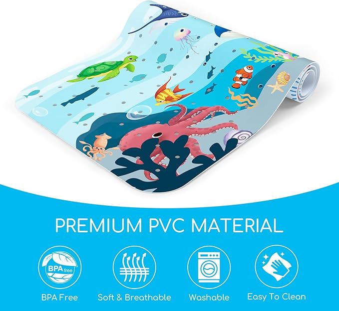 Omedecal Baby Bath Mat for Tub, Non Slip Kids Bath Shower Mat, 40 X 16 Inch Large Bathtub Mat with Drain Holes and Suction Cups for Toddlers, Machine Washable and Waterproof (Whale)