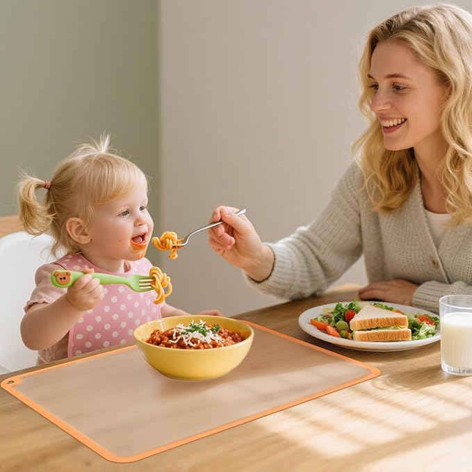 KVK Glow-in-The-Dark Silicone Placemat for Toddlers Kids Non-Slip Reusable Portable Baby Placemats for Restaurant & Home Stain-Proof Children Food Mats Eating Table Mat 2 Pack (Yellow & Orange)