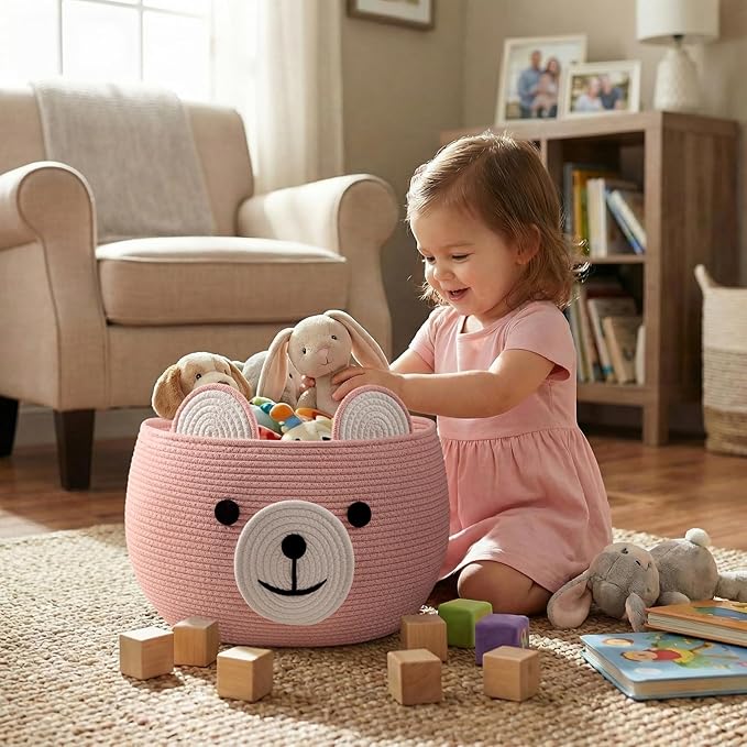 CherryNow Baby Basket for Nursery, Bear Gift Baskets for Girls, Baby Shower Basket with Handles, Large Diaper Caddy Organizer, Bright Pink, 15.7"D x 10.5"H