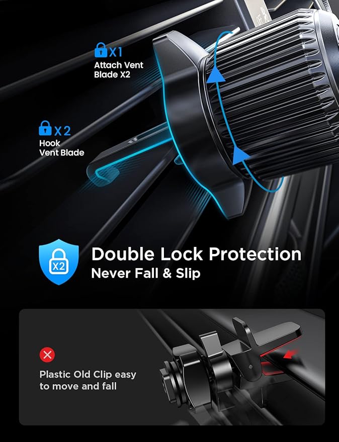 LISEN Car Phone Mount, Phone Holders for Your Car [Thick Cases Friendly] Car Vent Phone Holder & Metal Hook Truck Jeep Accessories for iPhone 17 Air Pro Samsung Google and All 4-7'' Phone