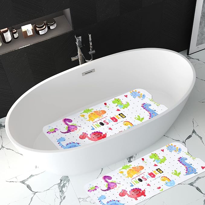 Tubozadi Bath Mat for Tub for Kids Dinosaur Non Slip Bathtub Mat for Baby Toddler 40X16 Inch Long Anti Skid Bathroom Shower Mat with Suction Cups & Drain Holes