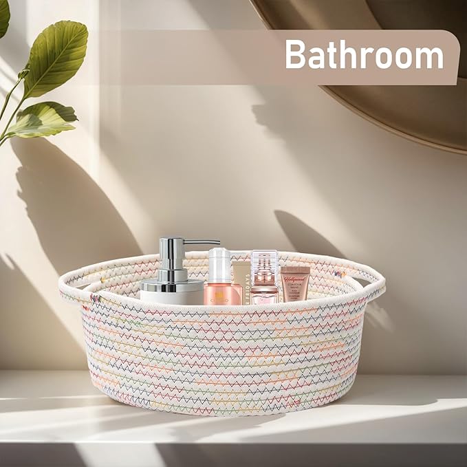 JMvicyroam Woven Basket,Small Rope Storage Bin with Handles & Ribbon Bag, Organizer for Shelves Closets,Gift Basket Empty for Birthday,Books,Dog Toys, Colorful/3 Pack