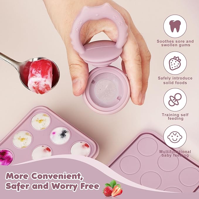 Baby Fruit Food Feeder Breastmilk Popsicle Molds, Silicone Food Freezer Tray for Cooling Teething Relief, Baby Food Feeder for Safe Infant Self Feeding, Includes 3 Extra Food Pacifier