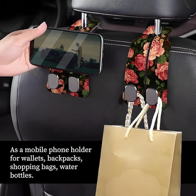 NUGGHU Car Seat Headrest Hook, Universal Leather Cute Hanger Holder Hook, Storage Organizer Interior Accessories for Purse Bags Handbag Cute Red Flowers