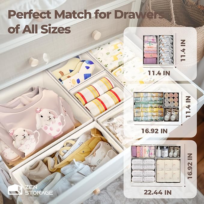 ZenStorage Cotton Linen Drawer Organizer for Baby Clothes, 12Pack Foldable Nursery Dresser Divider, Multi-Size Set Dresser Drawer Organizer for Nursery, Bedroom and Closet, Beige