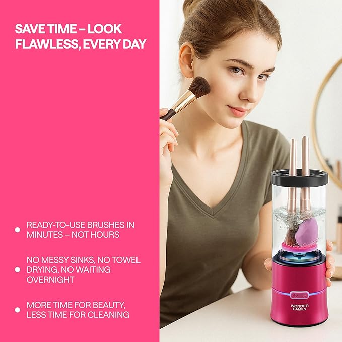 3-in-1 Electric Makeup Brush Cleaner & Dryer – Automatic Washer, Fast Air-Dry & Holder Stand – Cleans Brushes & Sponges (Pink)