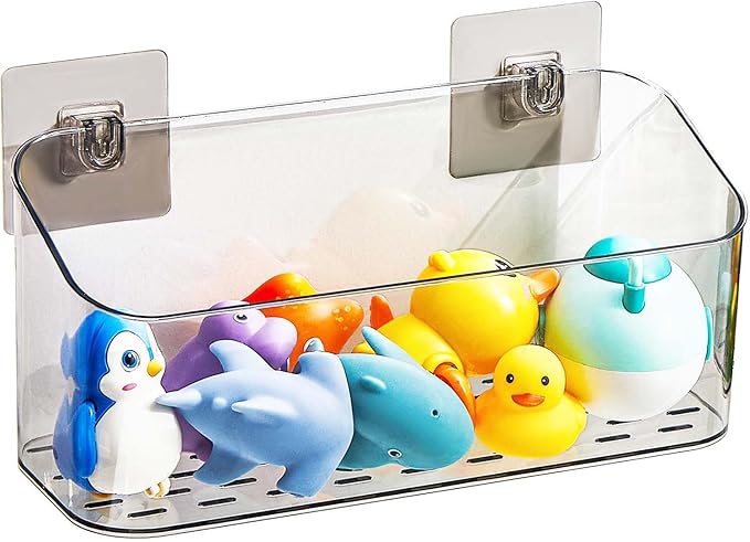 Bath Toy Storage Organizer, Adhesive Shower Caddy Shower Organizer, Bathtub Toy Holder, Large Capacity Wall Mounted Holder No Drill Shelves Rack, Clear Black
