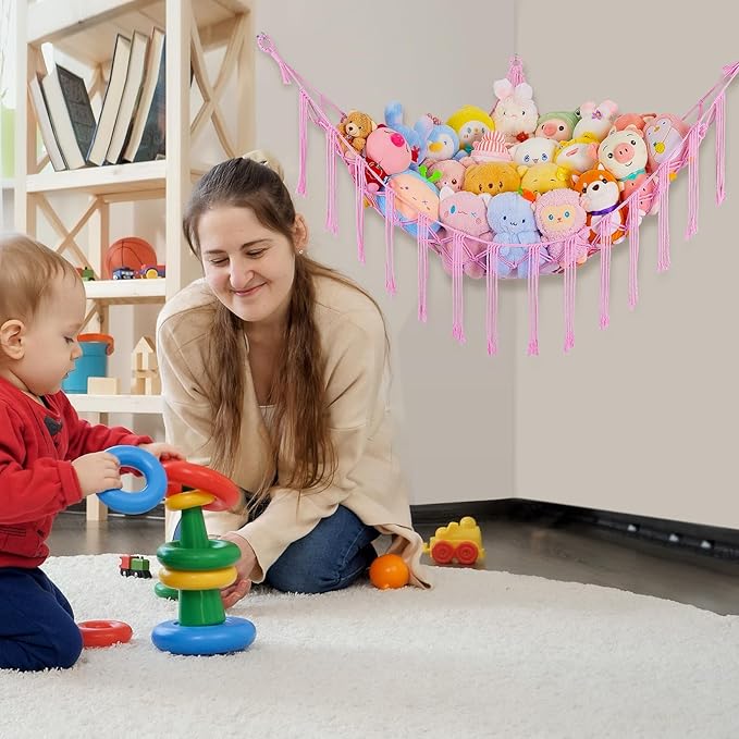 Basumee Stuffed Animals Net or Hammock with LED Light, Hanging Stuffed Animals Storage Toy Hammock Net Corner Wall Girls Room Decor Toy Storage Organizer, Pink, L