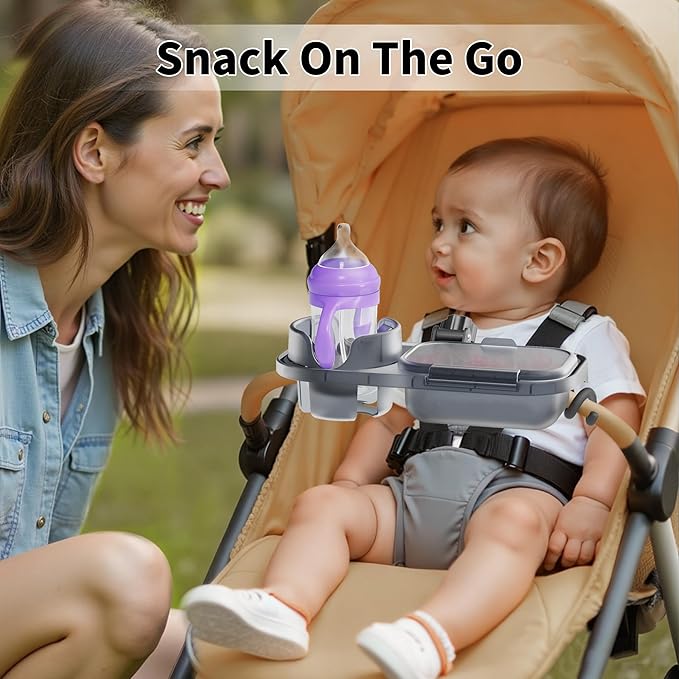 Universal Stroller Snack Tray, 3-in-1 Cup Holder Tray with Clamp & Silicone Arms Grip & Detachable Silicone Tray, Stroller Tray Attachment for Toddler & Kids, Snacking On The Go