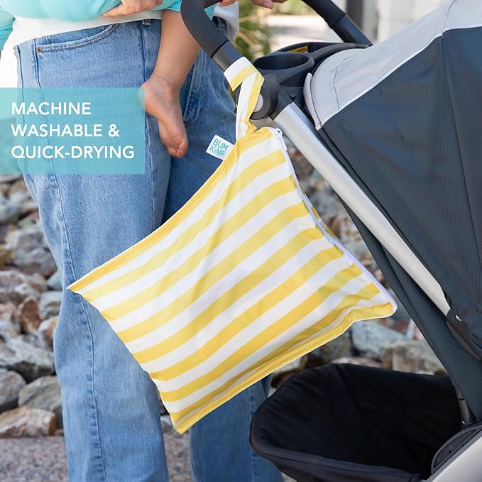 Bumkins - Larger Waterproof Wet Bag - For Baby, Travel, Swim Suit, Cloth Diapers, Pump Parts, Pool, Gym, Toiletry, Strap to Stroller - Reusable & Easy to Clean - 2pk - Yellow & Blue Stripe