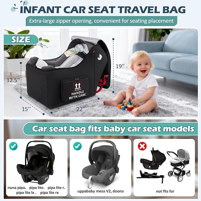 RAINSMORE Infant Car Seat Travel Bag for Airplane Compatible with All Nuna Pipa Car Seat and Base Chicco KeyFit 30 and Base Padded Car Seat Backpack for Travel Carseat Gate Check Bag with Side Pocket