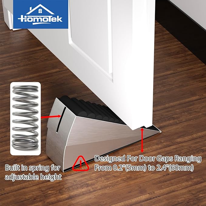 HOMOTEK Adjustable Tall Wedge Door Stopper, Heavy Duty Higher Door Stopper for Bottom of Door, Large Stainless Steel Door Stop Spring Non-Slip Rubber, Suit for Door Clearance of 0.2"-3", Silver 1Pack