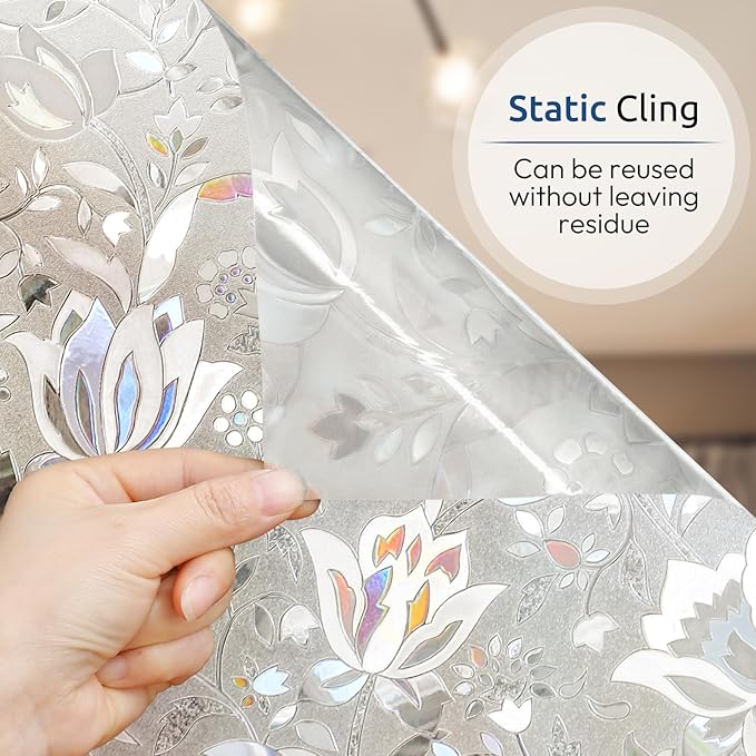 rabbitgoo Window Privacy Film, Decorative Stained Glass Window Film, Sun Blocking Glass Clings, Renter-Friendly Static Cling Frosted Sticker Covering for Home Door, Rainbow Tulip 23.6" x 118.1"