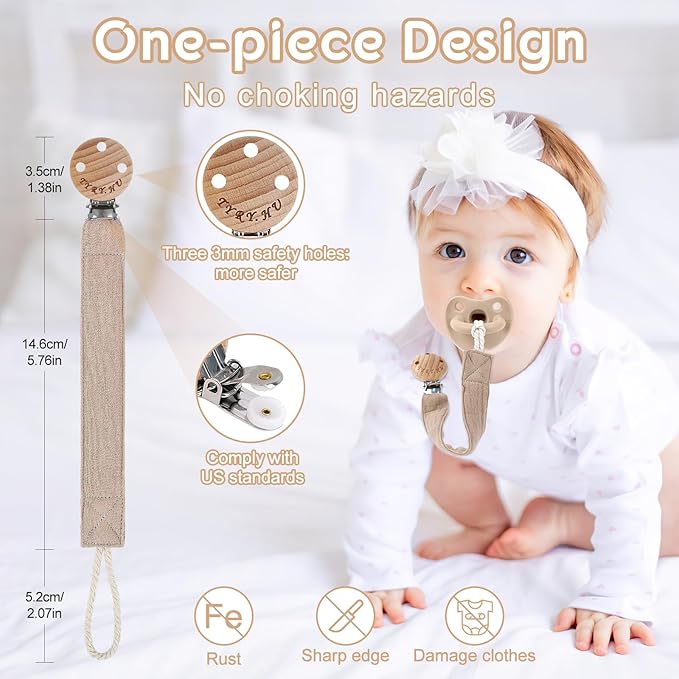 TYRY.HU Ribbon Pacifier Clip Holder,2 Pack Binky Paci Holder Clips, Pacifier Leash for Baby Boys and Girls, Soft Webbing Strap Universal Fits for Most Pacifier, Styles & Teethers Toys(Khaki,Grey)