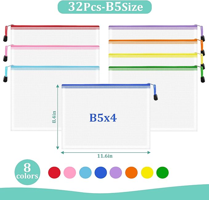 VVCOIIROEI 32pcs Mesh Zipper Pouch Bags, B5 Mesh Pouch, 8 Colors Zipper Pouches for Organizing, Puzzle Storage Bags, School Office Organize