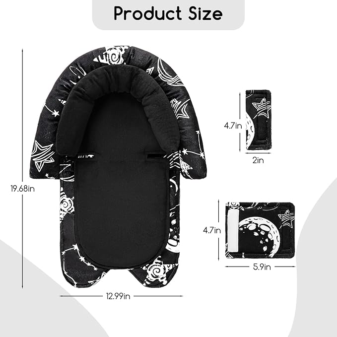 GFU Baby Car Seat Head Support for Newborn, 2 in 1 Infant Car Seat Head Body Support with Strap Pads, Soft Stroller Cushion Pillow Insert for Girls, Fits for Stroller, Swing, Black Star