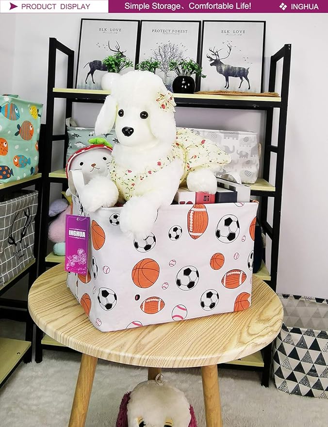 INGHUA Rectangular Storage Basket Fabric Organizer Bin for Toys,Books,Clothes,Gifts,Pets-Perfect for Home,Office,Nursery,Dorm,Shelf(Rec ball game)