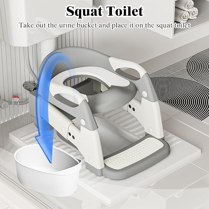 DEEKI 3 in 1 Potty Training Seat with Step Stool Ladder Foldable Anti-slip Toilet Chair Potty Seat for Toddlers Kids Boys Girls(Grey)