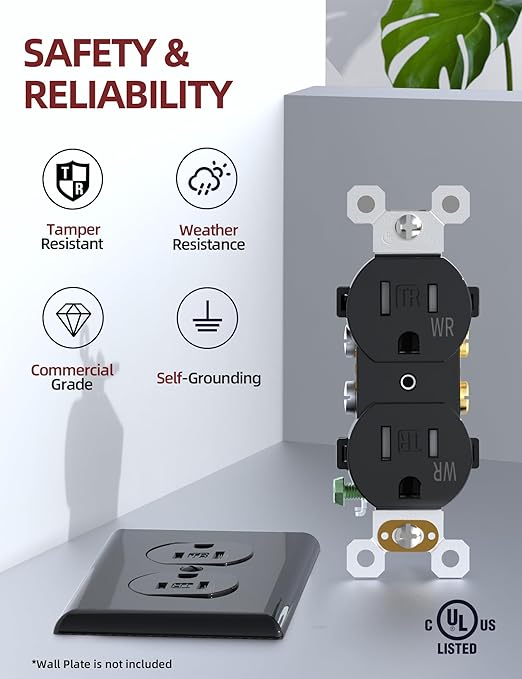 AIDA 15 Amps Outlets Duplex Electrical Receptacle Outlets,Weather Resistance & Tamper Resistant Electrical Receptacle, Wall Outlet,2 Pole,3-Wire, Self-Grounding, NEMA 5-15R,UL Listed 10 Pack, Black