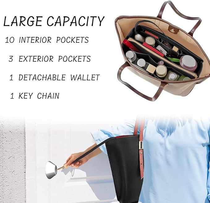 Purse Organizer Insert with Zipper & Key Chain Felt Bag Organizer for Tote Purse Handbag Black XLarge