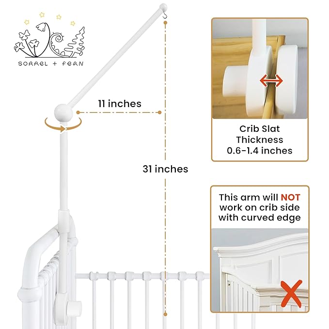 Baby Crib Mobile Arm Wooden Holder - Baby Mobile Hanger for Crib (31 inch, 100% Natural Beech Wood) Strong Anti Slip - Nursery Decor & Gift Accessories (White)