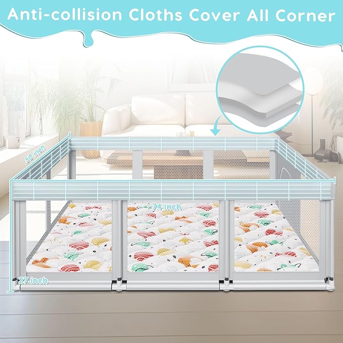 Fshibila 74" ×50" Baby Playpen with Mat, Baby Playard for Babies and Toddlers, Play Pens for Indoor & Outdoor, Sturdy Safety Play Yard with Soft Breathable Mesh, Anti-Fall, Grey