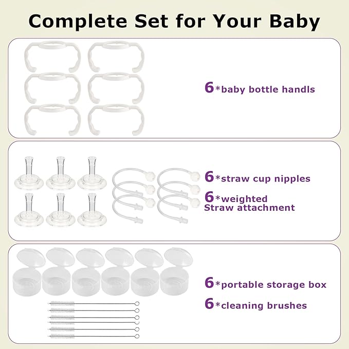 joyfeed 6Pack Straw Cup Conversion Kit for Dr Browns Narrow and Narrow Glass Baby Bottles, Weighted Straw Replacement Kit with Soft Straw Top and Handle,6m+