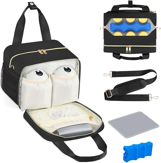 PIIOSER Breastmilk Cooler Bag with Ice Pack, Fits 6 Baby Bottles Up to 9 Ounce, Insulated Bottle Travel Bags with Shoulder Strap-Wearable Breast Pump Carrying Case for Nursing & Working Moms
