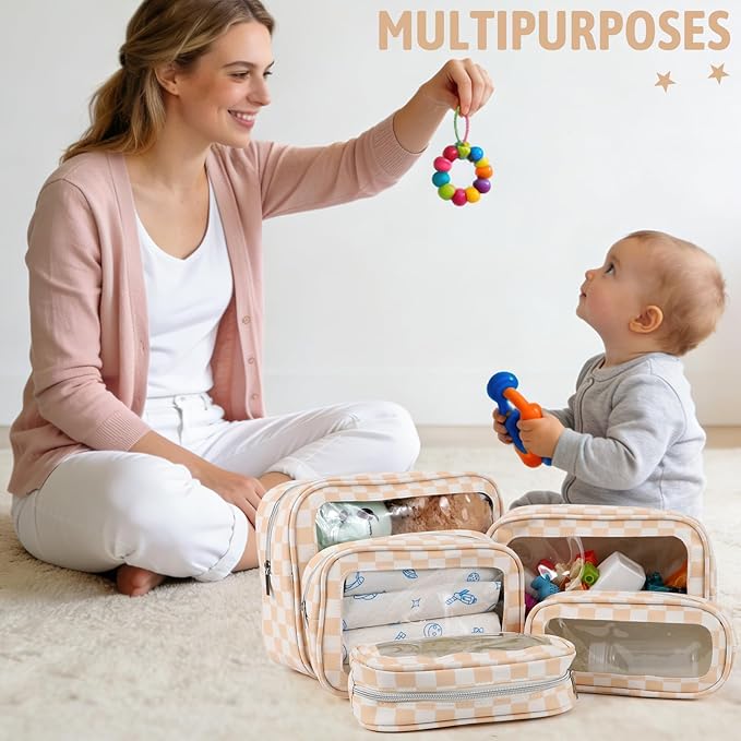 5PCS Diaper Bag Organizer Pouch Set, TSA Approved Toiletry Bag，Clear Waterproof TPU Makeup Bag Set Travel Organizer Bags for Women and Kids