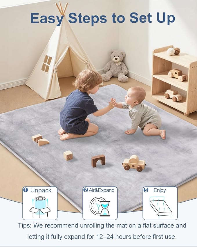 Thick Baby Play Mat for Floor,59 x 71 Playpen Mat,Large Tummy Time Foam Mats,Soft Support & Plush Feel Nursery Kids Rug,Easy Care with Non-Slip Cushioned for Infant,Kids and Toddler Crawling,Grey