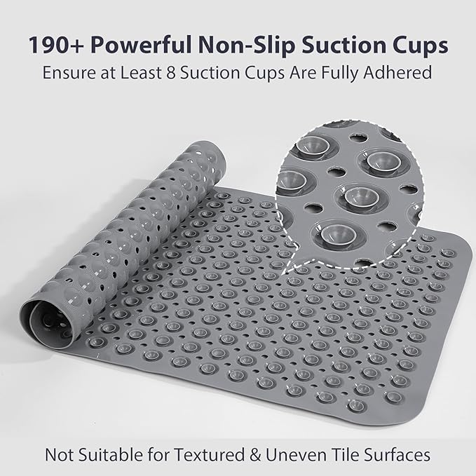Grey Bathtub Mat Shower Mat Non Slip 17x30 Inch Standard Size, Soft Bubble Bath Tub Mat Shower Mats for Inside Shower Bathroom Floor Mat with Big Suction Cups & Drain Holes, BPA-Free