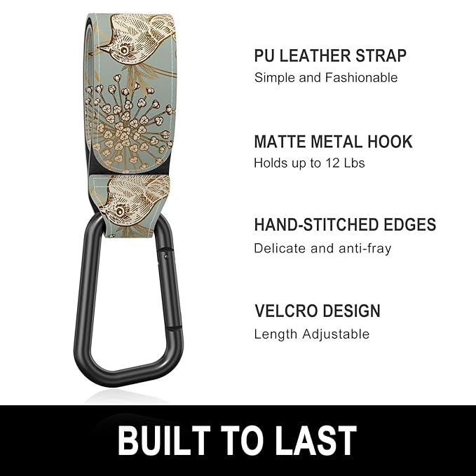 Baby Stroller Hooks for Hanging Bags, Universal Stroller Clips Accessories, Mommy Hook for Diaper Bag, Shopping Cart, Purse, Backpack - 2 Pack, Green Bird