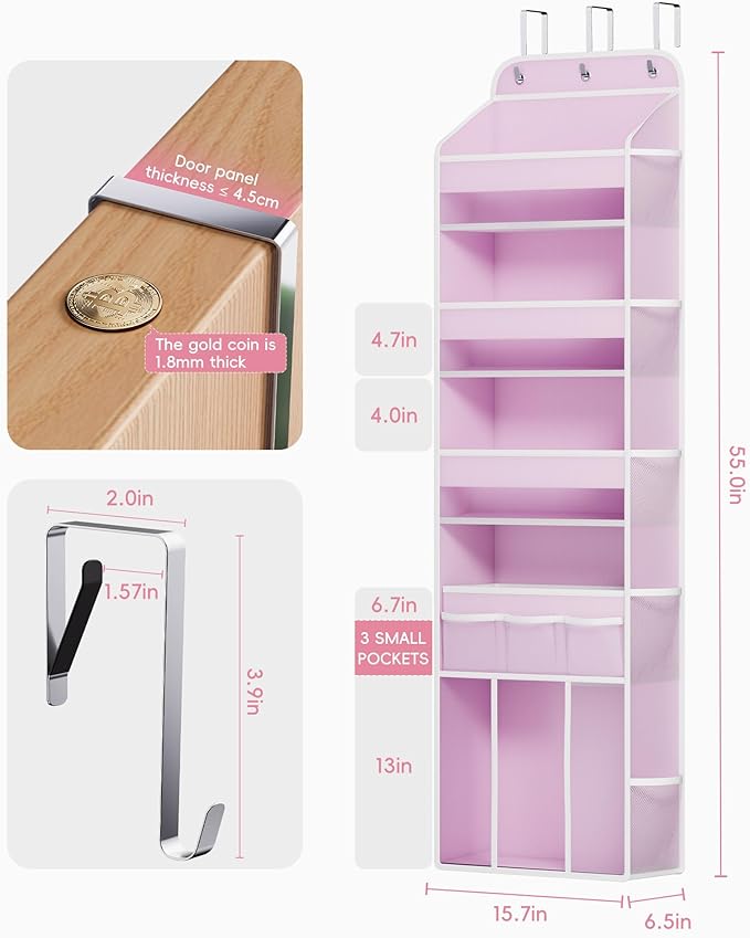 OneDream 5-Tier Over the Door Organizer with Removable Storage Caddy, Baby Clothes Organizer for Nursery, Hanging Behind Door Storage with Clear Pockets and Side Mesh Compartments, Pink