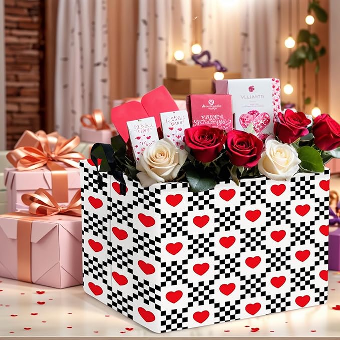 ASKETAM Valentine's Day Basket for Gifts Empty Cute Heart Large Gift Basket Decorative Storage Bin for Kid and Baby Room Décor (Black and White Checkered Heart)