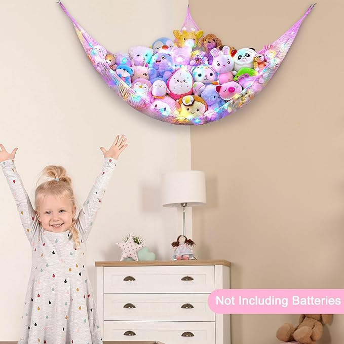 Unicorn Castle Stuffed Animals Net or Hammock Kids Toy Storage Organizer with LED Light Hanging Corner Stuffed Animals Holder Kids Girls Room Decor,Pink-Purple-Yellow,Large (Pack of 1)