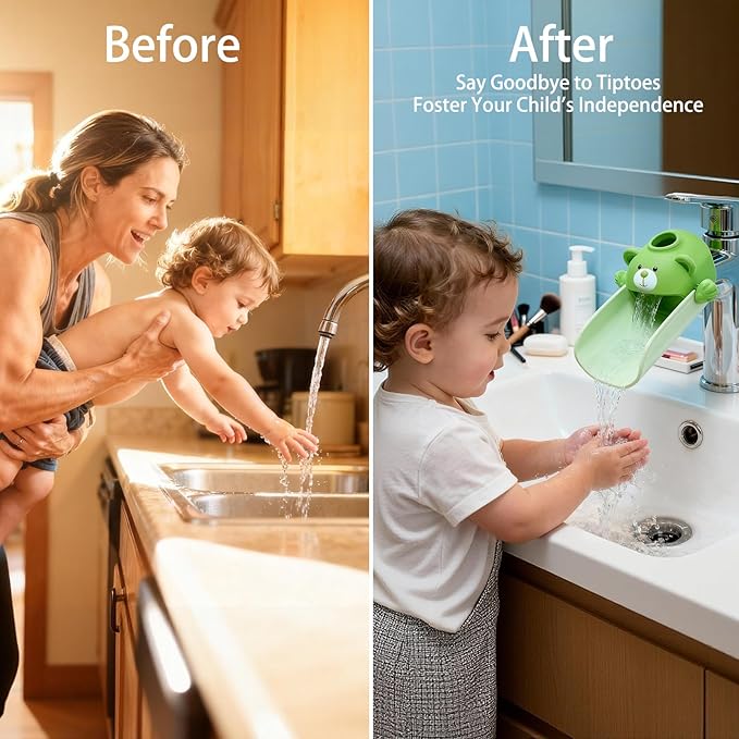 Skyroku Faucet Extender for Kids, Temperature-Sensitive Faucet Spout Extension for Independent Hand Washing - Cute Bear Design, Fits Most Bathroom & Kitchen Sinks(Green)