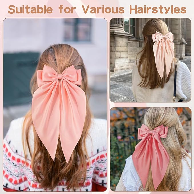 6 PCS Hair Bows for Women, Big Bow Hair Clips for Girls, Silky Satin Hair Bows Clips Oversized Long Tail, Large Cute Aesthetic Hair Accessories, Metal Bow Hair Clips Holiday Gifts Cherry
