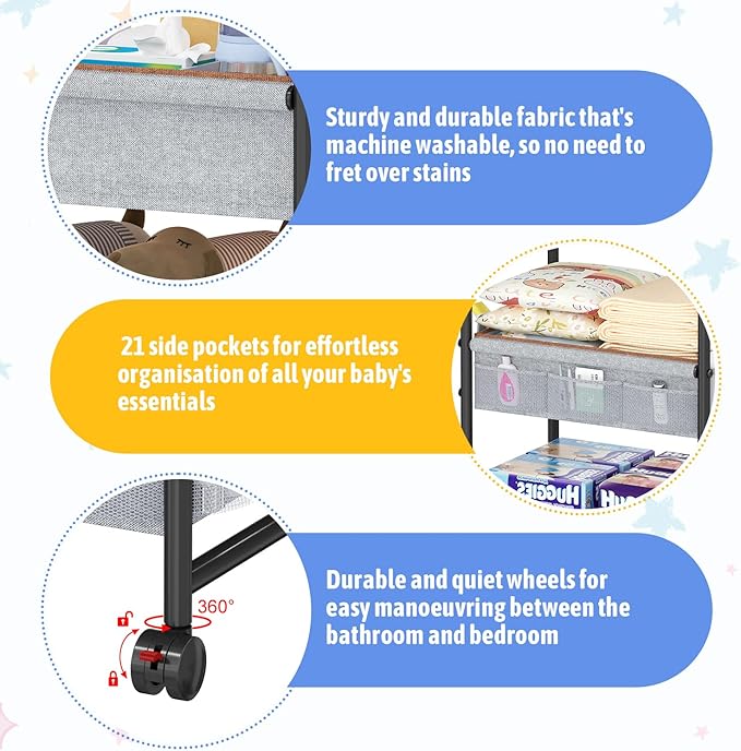 4-Tier Rolling Sorage Cart,Baby Diaper Caddy Organizer, Nursery Baby Storage with Wheels, 2 Dividers & 21 Pockets，Metal Utility Cart for Nursery, Crib, Bedroom, Art & Craft Organizers