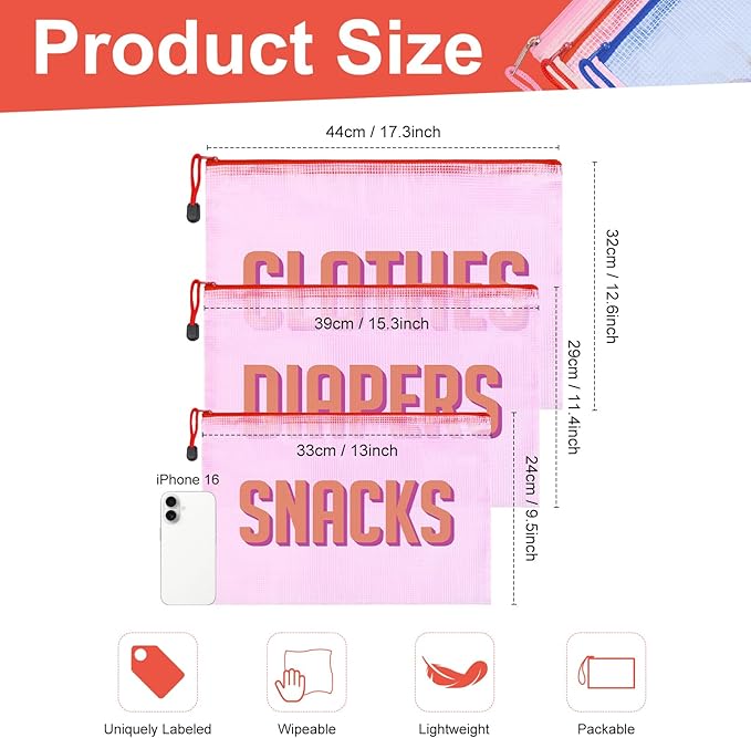 3pcs Hospital Bag Organizing Pouches for Labor and Delivery, Maternity Essentials Diaper Bag Organizer for Mom Travel (Pink, Large)