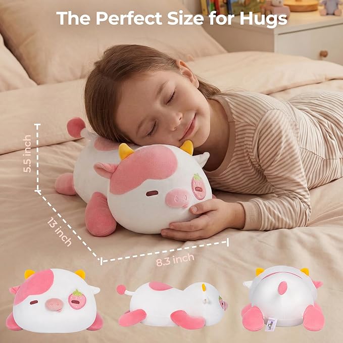 Mewaii Cute Strawberry Cow Plush Pillow, Kawaii Plushies Strawberry Cow Stuffed Animals, Squishy Plushies, Cuddle Plush Pillow for Kids & Girls (13 Inch)
