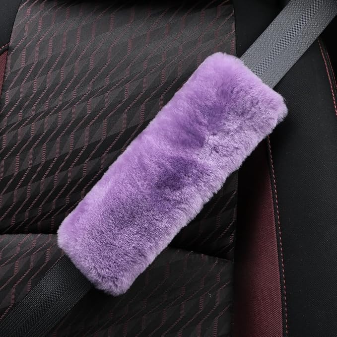 Fluffy Fuzzy Genuine Sheepskin Car Seat Belt Covers for Soft Auto Lambswool Seatbelt Pads, Shoulder Strap Cushion Adults Kids (2, Purple)